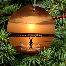 DistinctInk® Hanging Ceramic Christmas Tree Ornament with Gold String - Great Gift / Present - 2 3/4 inch Diameter - Philippians 4:13 - I can do everything through Him who gives me strength