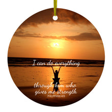 DistinctInk® Hanging Ceramic Christmas Tree Ornament with Gold String - Great Gift / Present - 2 3/4 inch Diameter - Philippians 4:13 - I can do everything through Him who gives me strength