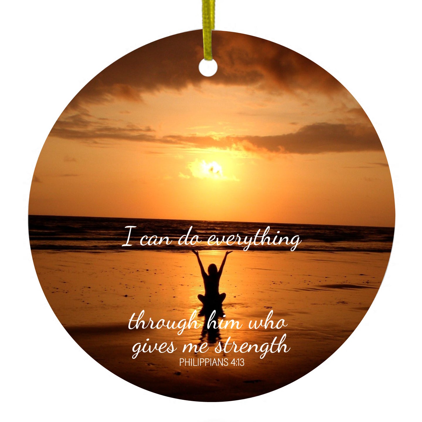DistinctInk® Hanging Ceramic Christmas Tree Ornament with Gold String - Great Gift / Present - 2 3/4 inch Diameter - Philippians 4:13 - I can do everything through Him who gives me strength