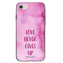 DistinctInk® Clear Shockproof Hybrid Case for Apple iPhone / Samsung Galaxy / Google Pixel - 1 Corinthians 13 - Love Never Gives Up