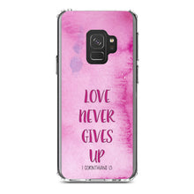 DistinctInk® Clear Shockproof Hybrid Case for Apple iPhone / Samsung Galaxy / Google Pixel - 1 Corinthians 13 - Love Never Gives Up
