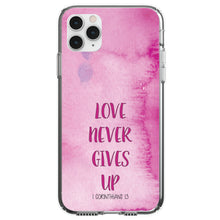 DistinctInk® Clear Shockproof Hybrid Case for Apple iPhone / Samsung Galaxy / Google Pixel - 1 Corinthians 13 - Love Never Gives Up