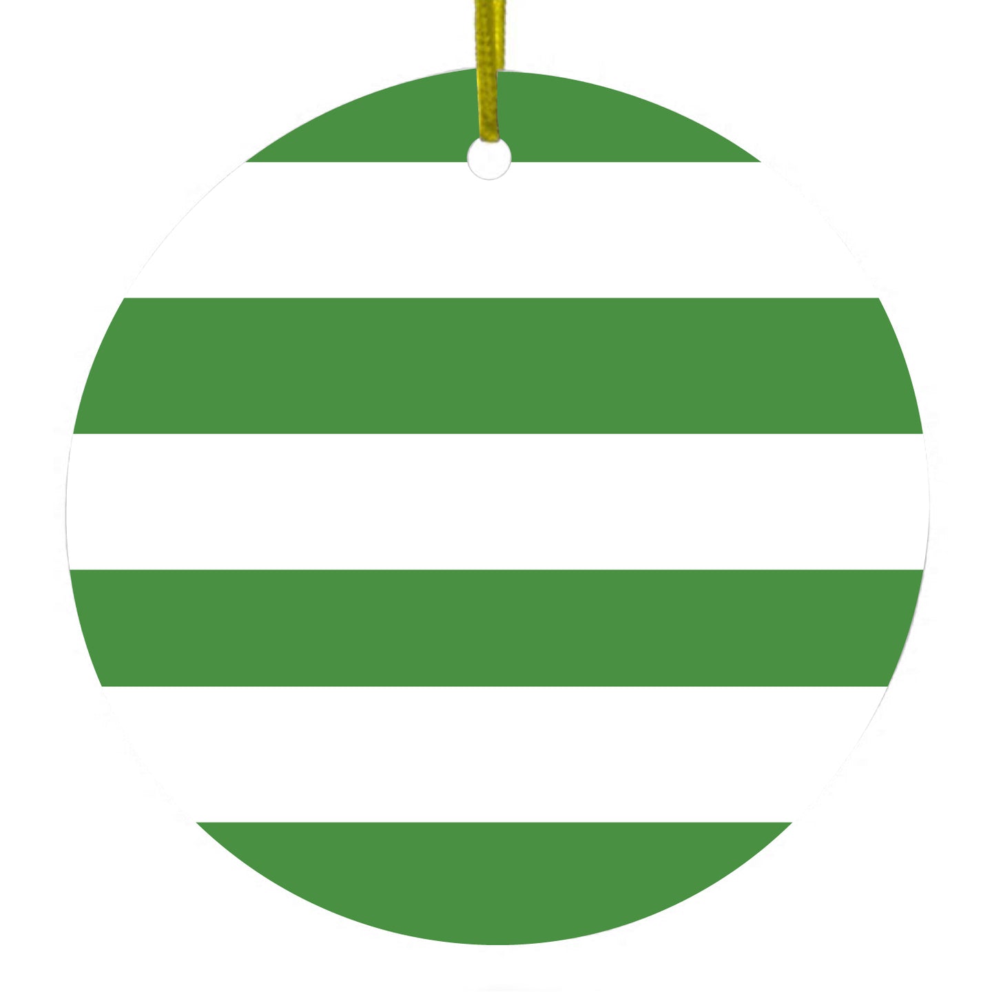 DistinctInk® Hanging Ceramic Christmas Tree Ornament with Gold String - Great Gift / Present - 2 3/4 inch Diameter - Green & White Bold Horizontal Stripes