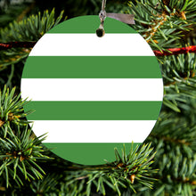 DistinctInk® Hanging Ceramic Christmas Tree Ornament with Gold String - Great Gift / Present - 2 3/4 inch Diameter - Green & White Bold Horizontal Stripes