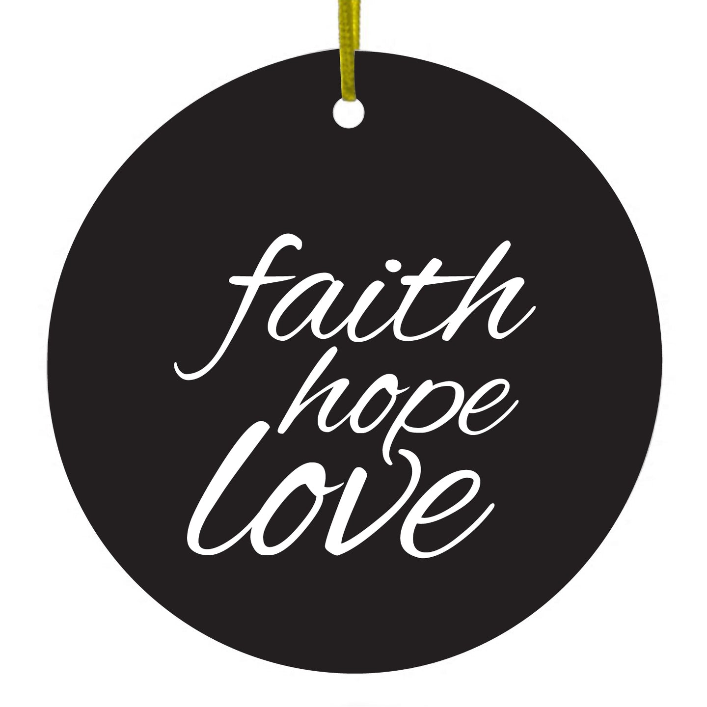 DistinctInk® Hanging Ceramic Christmas Tree Ornament with Gold String - Great Gift / Present - 2 3/4 inch Diameter - Faith / Hope / Love - Black & White