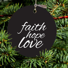 DistinctInk® Hanging Ceramic Christmas Tree Ornament with Gold String - Great Gift / Present - 2 3/4 inch Diameter - Faith / Hope / Love - Black & White