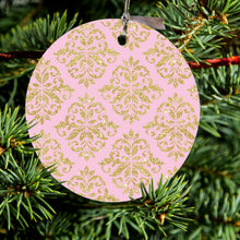 DistinctInk® Hanging Ceramic Christmas Tree Ornament with Gold String - Great Gift / Present - 2 3/4 inch Diameter - Pink & Gold Print - Damask Pattern
