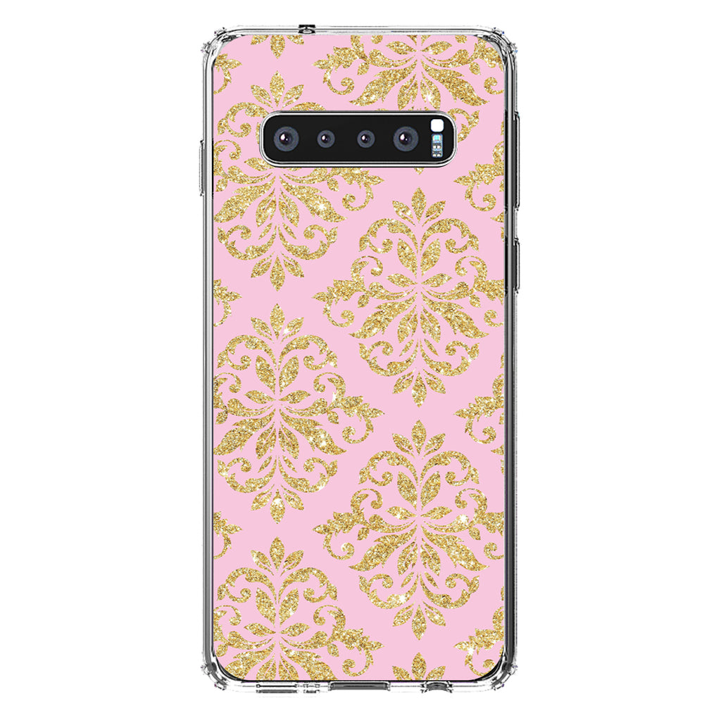 Pink & Gold Print, Damask Pattern Clear Shockproof iPhone Case, view 16