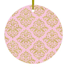 DistinctInk® Hanging Ceramic Christmas Tree Ornament with Gold String - Great Gift / Present - 2 3/4 inch Diameter - Pink & Gold Print - Damask Pattern