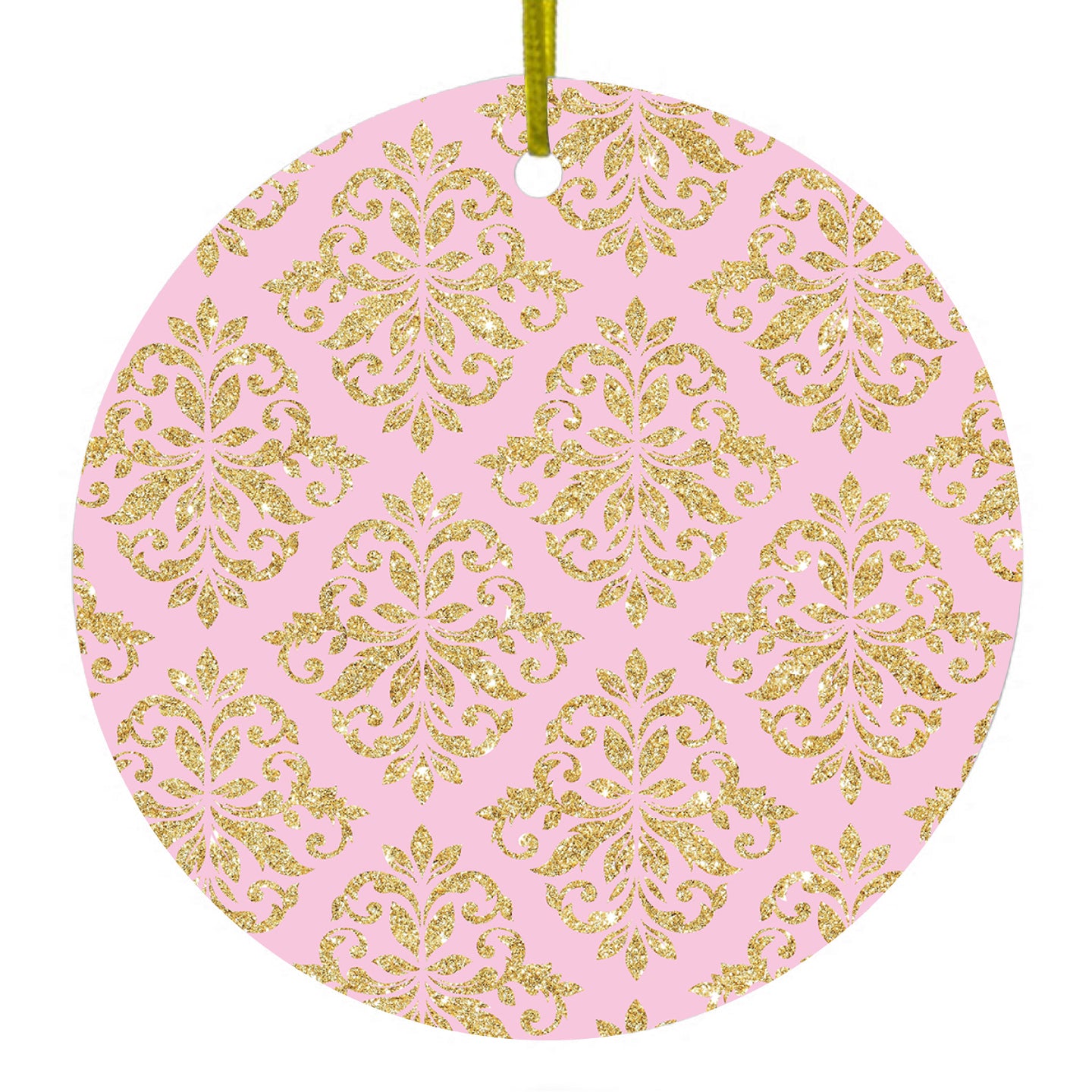 DistinctInk® Hanging Ceramic Christmas Tree Ornament with Gold String - Great Gift / Present - 2 3/4 inch Diameter - Pink & Gold Print - Damask Pattern