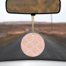 DistinctInk® Hanging Ceramic Christmas Tree Ornament with Gold String - Great Gift / Present - 2 3/4 inch Diameter - Pink & Gold Print - Damask Pattern