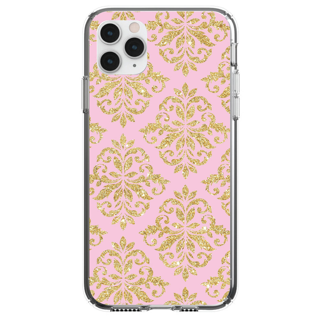 Pink & Gold Print, Damask Pattern Clear Shockproof iPhone Case