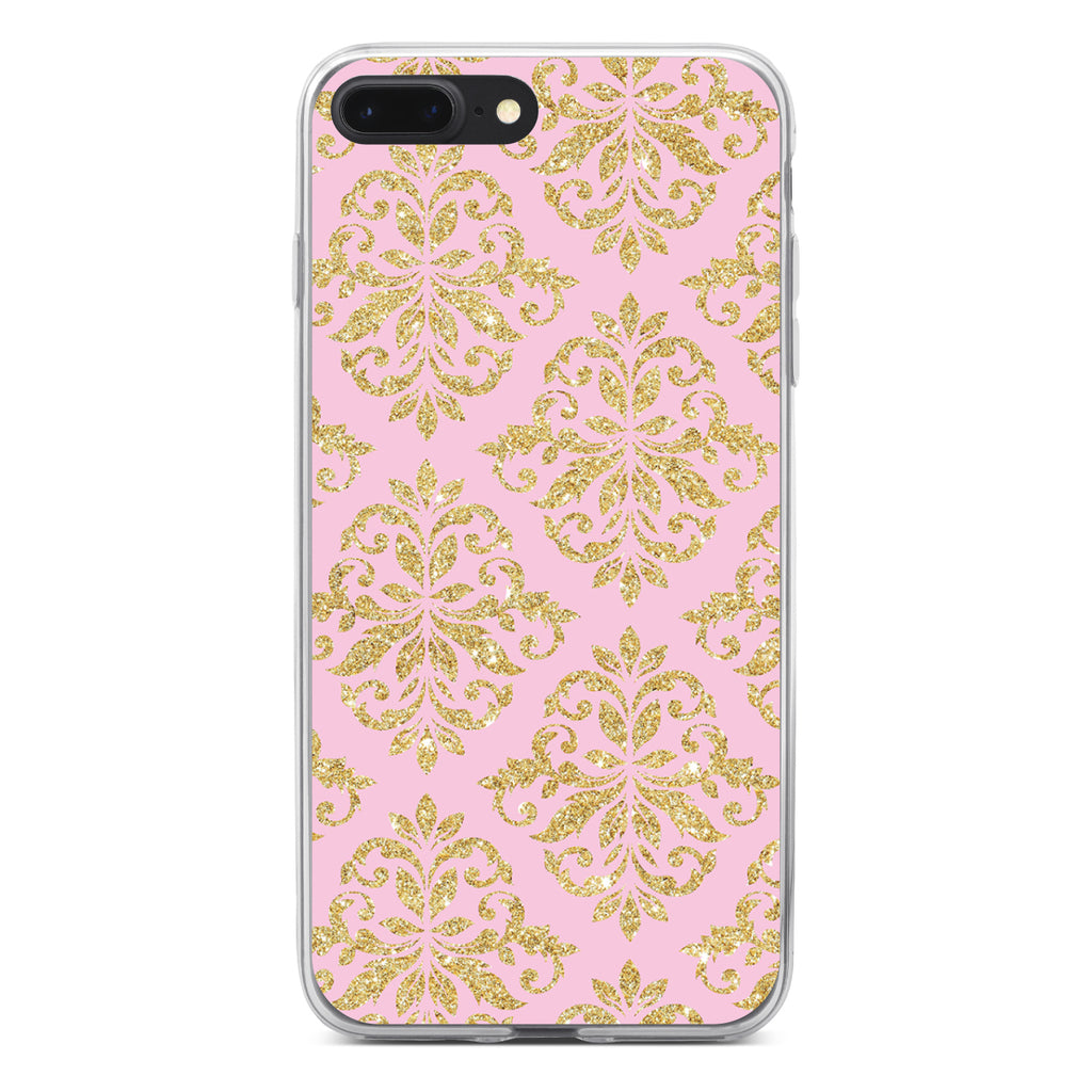 Pink & Gold Print, Damask Pattern Clear Shockproof iPhone Case, view 6