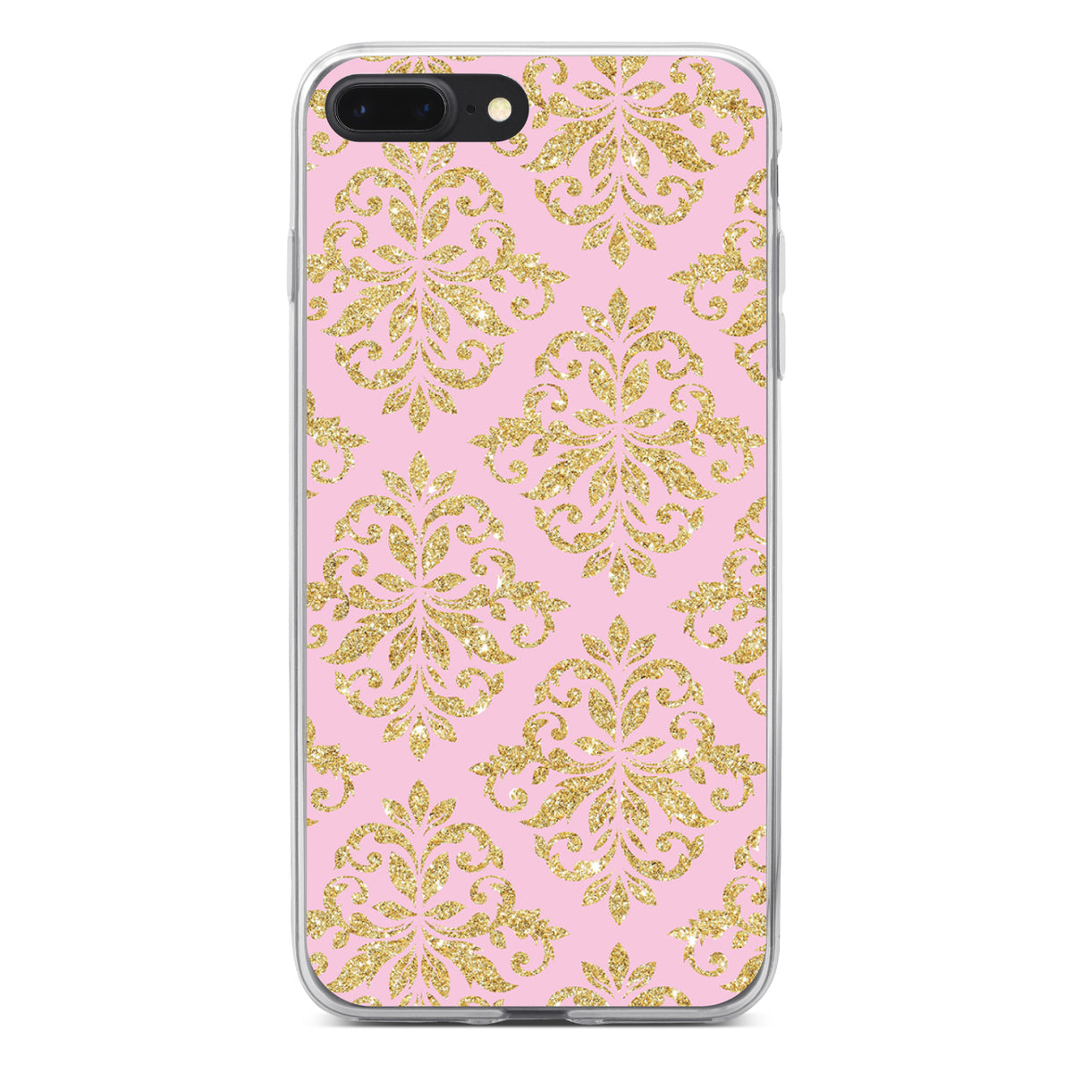 Pink & Gold Print, Damask Pattern Clear Shockproof iPhone Case, view 6