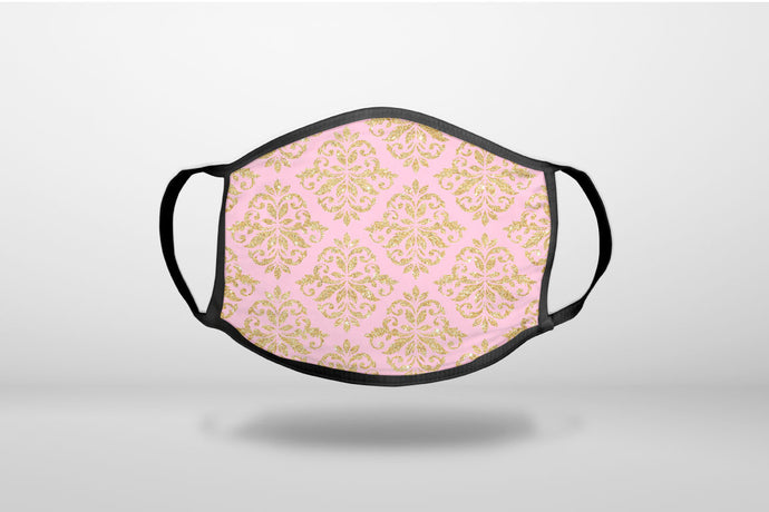 Pink & Gold Print - Damask Pattern - 3-Ply Reusable Soft Face Mask Covering, Unisex, Cotton Inner Layer