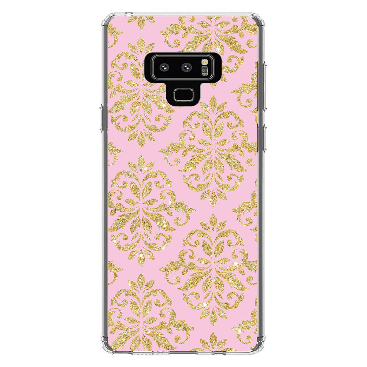 Pink & Gold Print, Damask Pattern Clear Shockproof iPhone Case, view 11