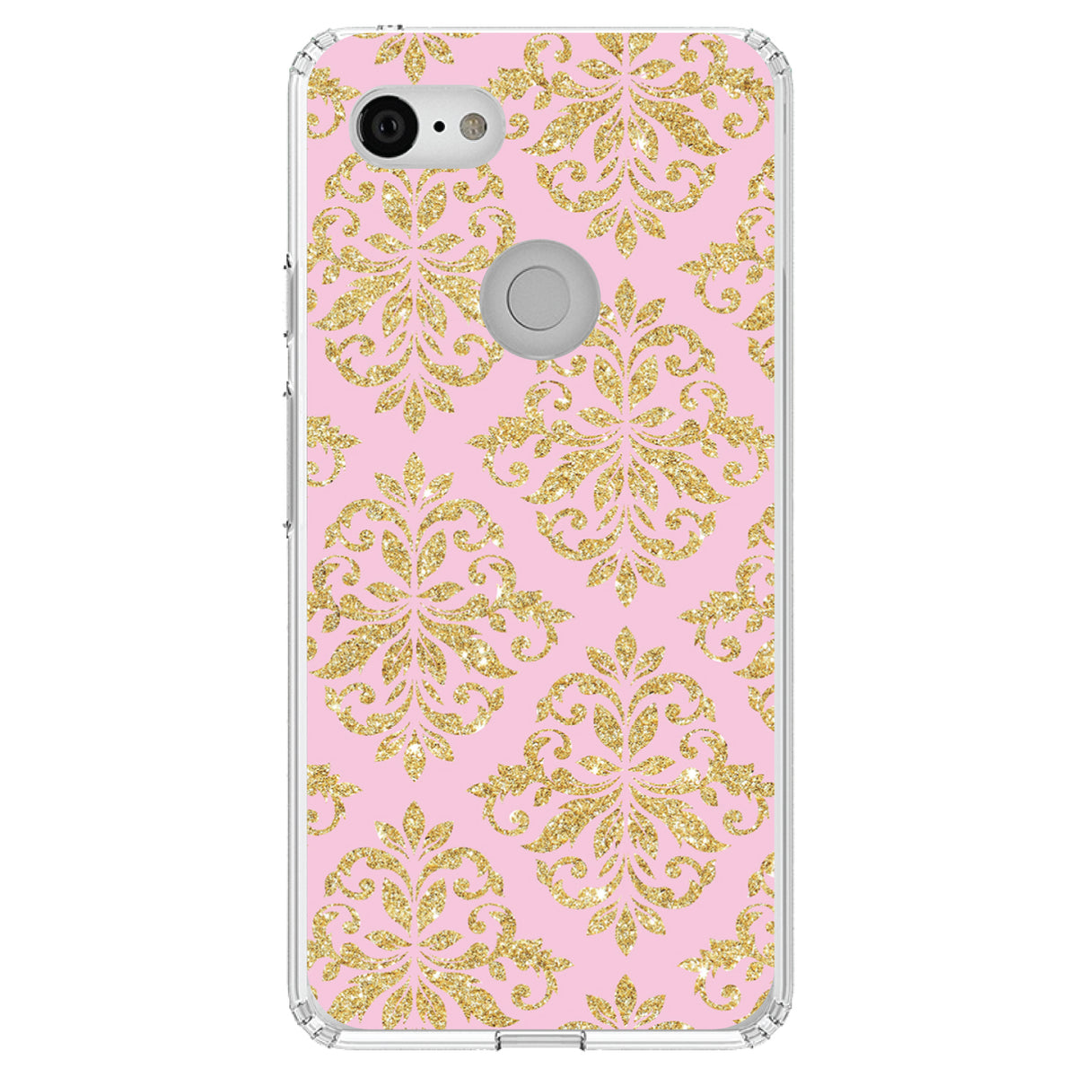 Pink & Gold Print, Damask Pattern Clear Shockproof iPhone Case, view 22