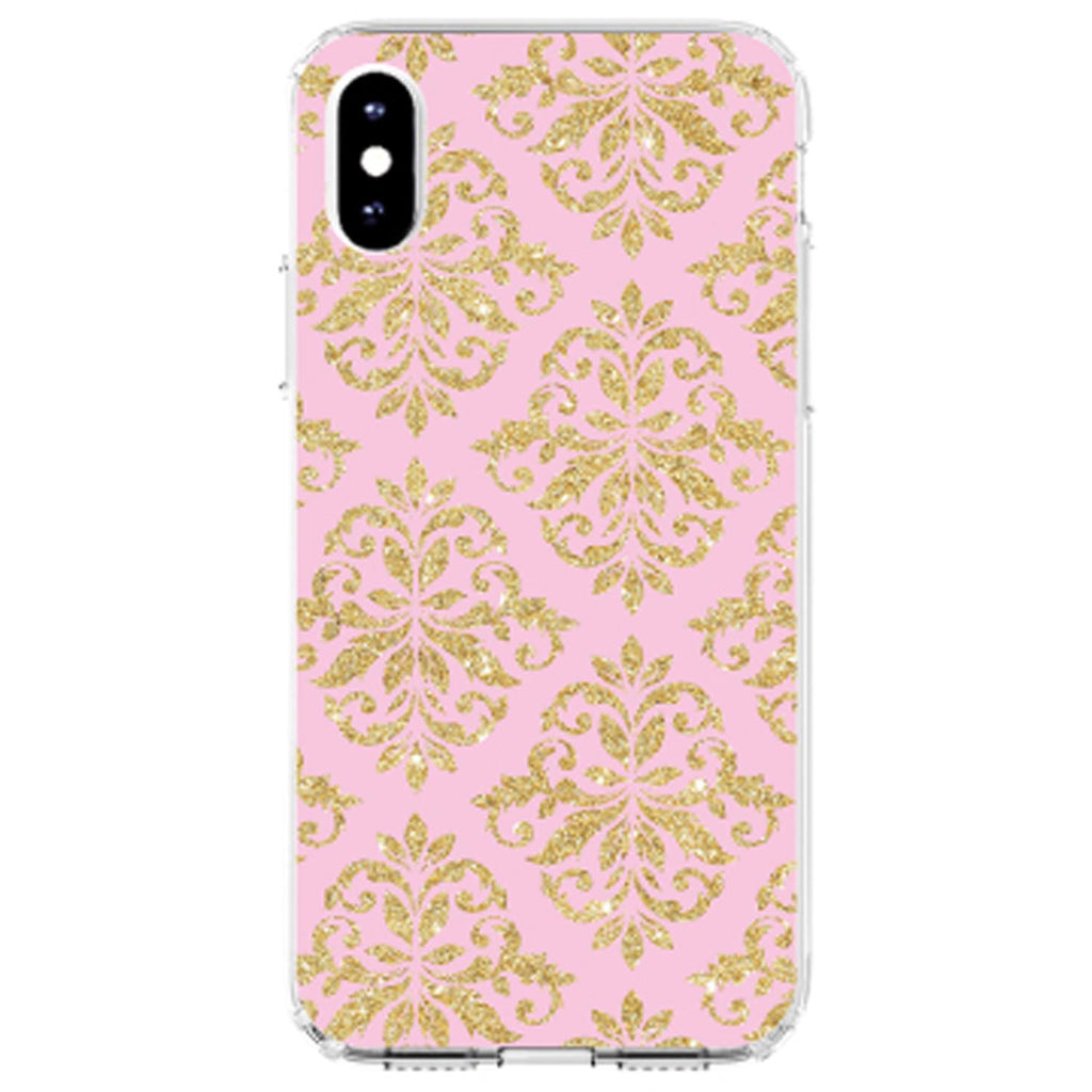 Pink & Gold Print, Damask Pattern Clear Shockproof iPhone Case, view 4
