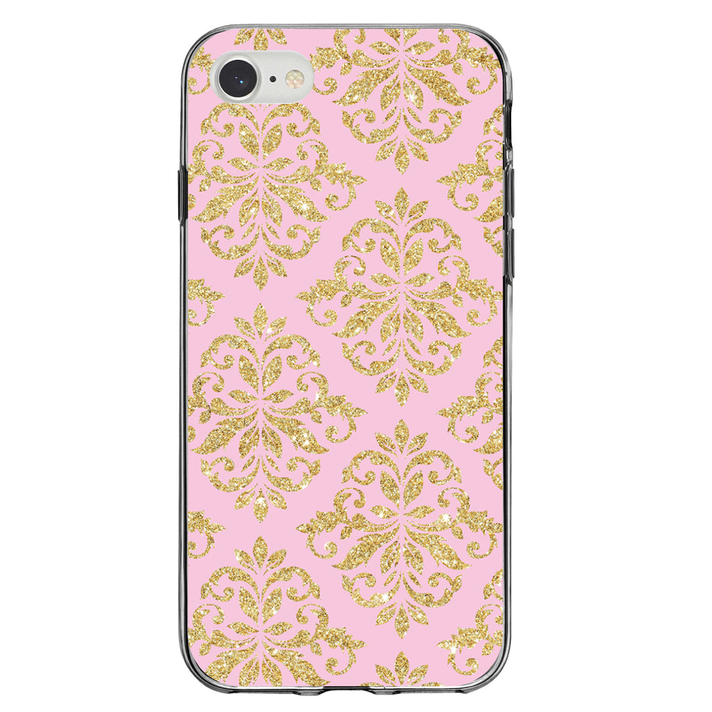 Pink & Gold Print, Damask Pattern Clear Shockproof iPhone Case, view 5