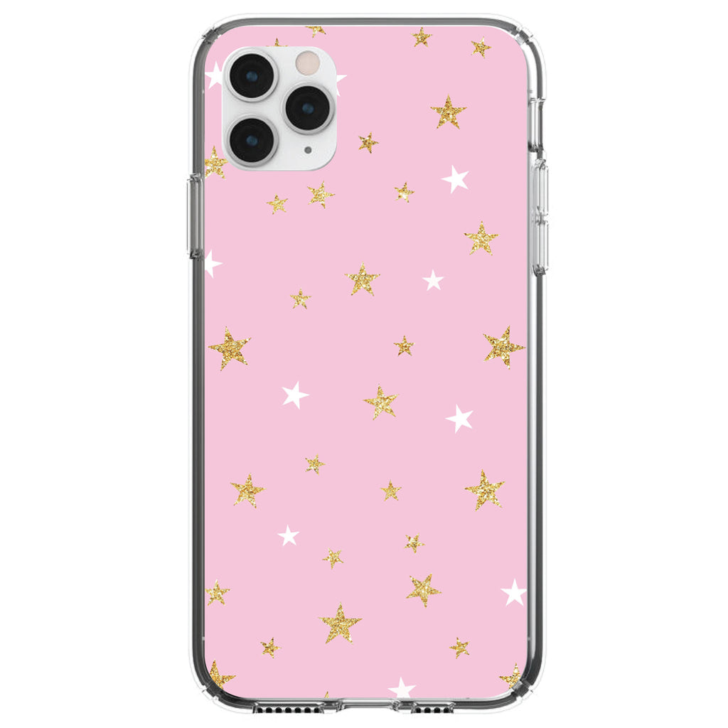 Pink & Gold Print, Stars Pattern Clear Shockproof iPhone Case