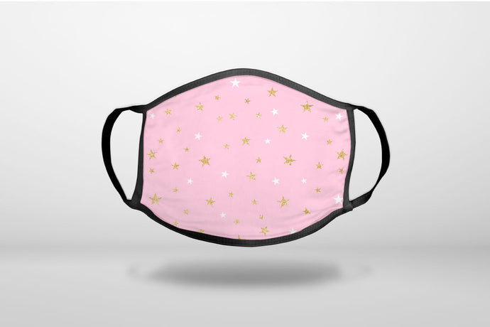 Pink & Gold Print - Stars Pattern - 3-Ply Reusable Soft Face Mask Covering, Unisex, Cotton Inner Layer