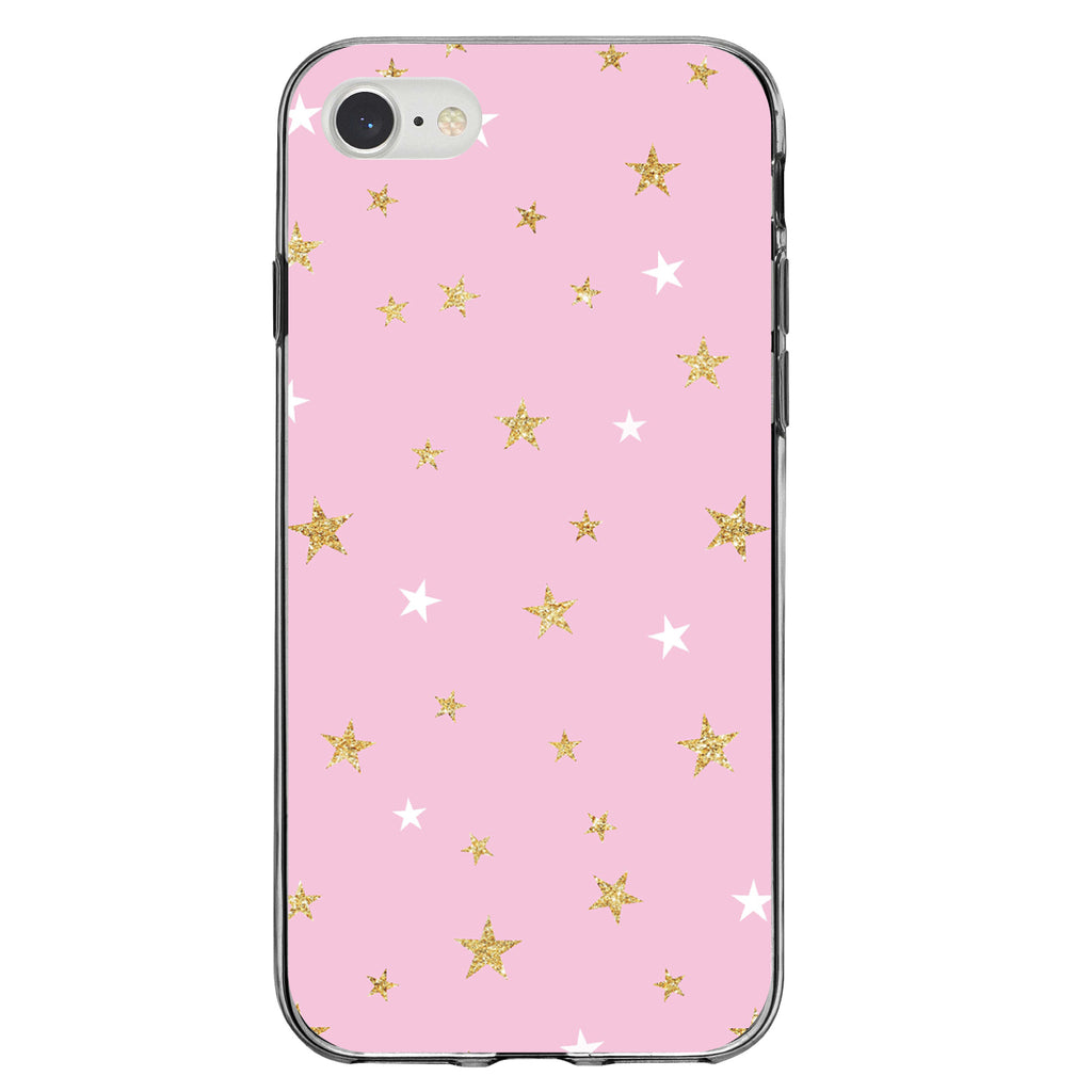 Pink & Gold Print, Stars Pattern Clear Shockproof iPhone Case, view 5