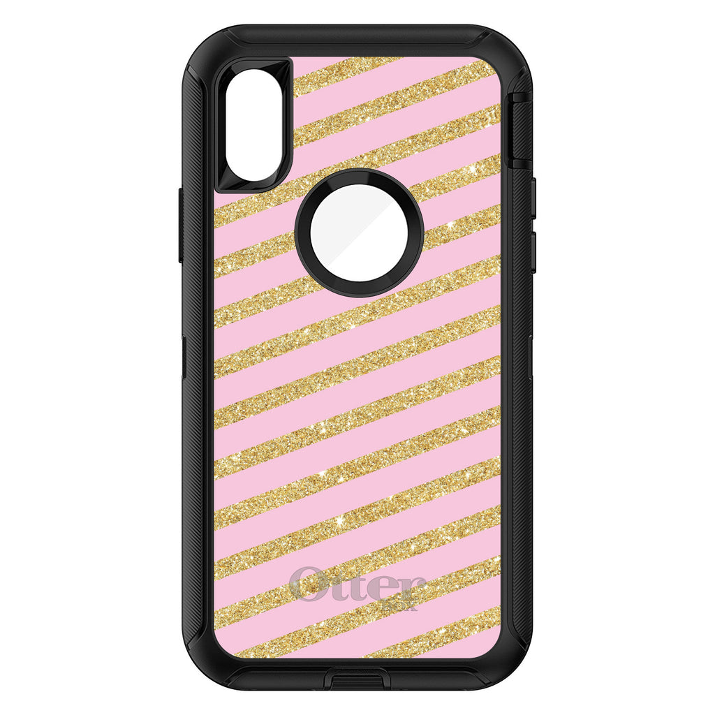Pink & Gold Print, Diagonal Stripes Pattern OtterBox Defender Case for iPhone & Galaxy, view 3