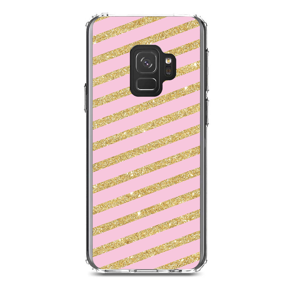 Pink & Gold Print, Diagonal Stripes Pattern Clear Shockproof iPhone Case, view 19