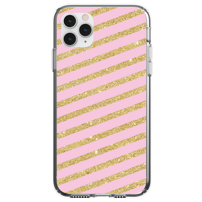 DistinctInk® Clear Shockproof Hybrid Case for Apple iPhone / Samsung Galaxy / Google Pixel - Pink & Gold Print - Diagonal Stripes Pattern