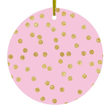 DistinctInk® Hanging Ceramic Christmas Tree Ornament with Gold String - Great Gift / Present - 2 3/4 inch Diameter - Pink & Gold Print - Polka Dots Pattern