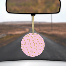 DistinctInk® Hanging Ceramic Christmas Tree Ornament with Gold String - Great Gift / Present - 2 3/4 inch Diameter - Pink & Gold Print - Polka Dots Pattern