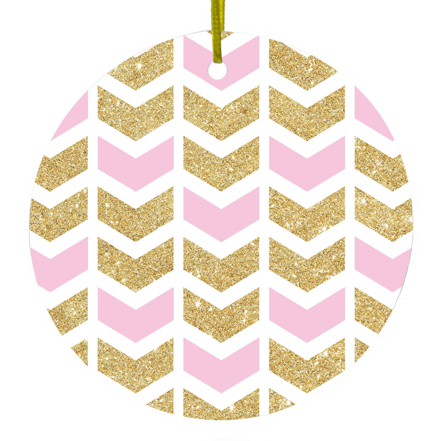 DistinctInk® Hanging Ceramic Christmas Tree Ornament with Gold String - Great Gift / Present - 2 3/4 inch Diameter - Pink & Gold Print - Random Chevron Pattern