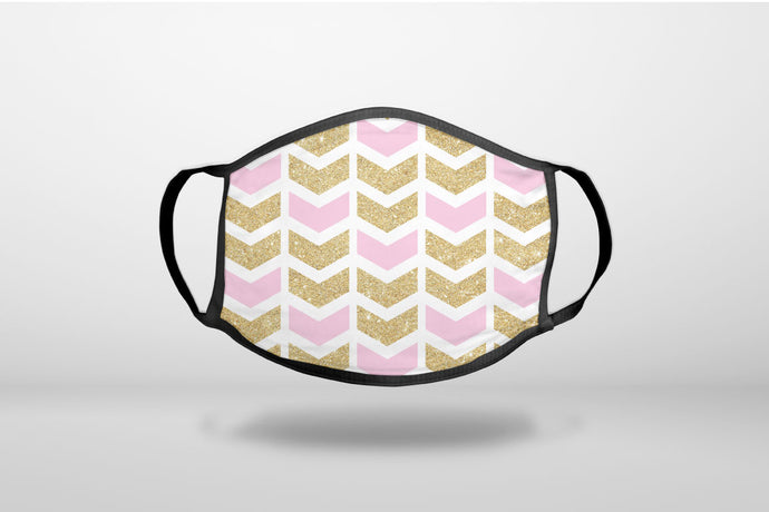 Pink & Gold Print - Random Chevron Pattern - 3-Ply Reusable Soft Face Mask Covering, Unisex, Cotton Inner Layer