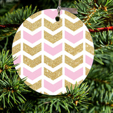 DistinctInk® Hanging Ceramic Christmas Tree Ornament with Gold String - Great Gift / Present - 2 3/4 inch Diameter - Pink & Gold Print - Random Chevron Pattern