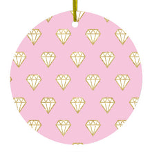 DistinctInk® Hanging Ceramic Christmas Tree Ornament with Gold String - Great Gift / Present - 2 3/4 inch Diameter - Pink & Gold Print - Diamond Pattern