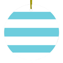 DistinctInk® Hanging Ceramic Christmas Tree Ornament with Gold String - Great Gift / Present - 2 3/4 inch Diameter - Blue & White Bold Horizontal Stripes