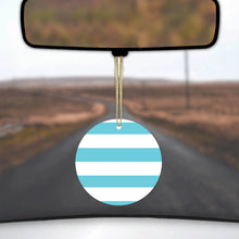 DistinctInk® Hanging Ceramic Christmas Tree Ornament with Gold String - Great Gift / Present - 2 3/4 inch Diameter - Blue & White Bold Horizontal Stripes