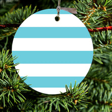 DistinctInk® Hanging Ceramic Christmas Tree Ornament with Gold String - Great Gift / Present - 2 3/4 inch Diameter - Blue & White Bold Horizontal Stripes