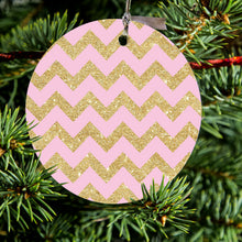 DistinctInk® Hanging Ceramic Christmas Tree Ornament with Gold String - Great Gift / Present - 2 3/4 inch Diameter - Pink & Gold Print - Chevron Pattern