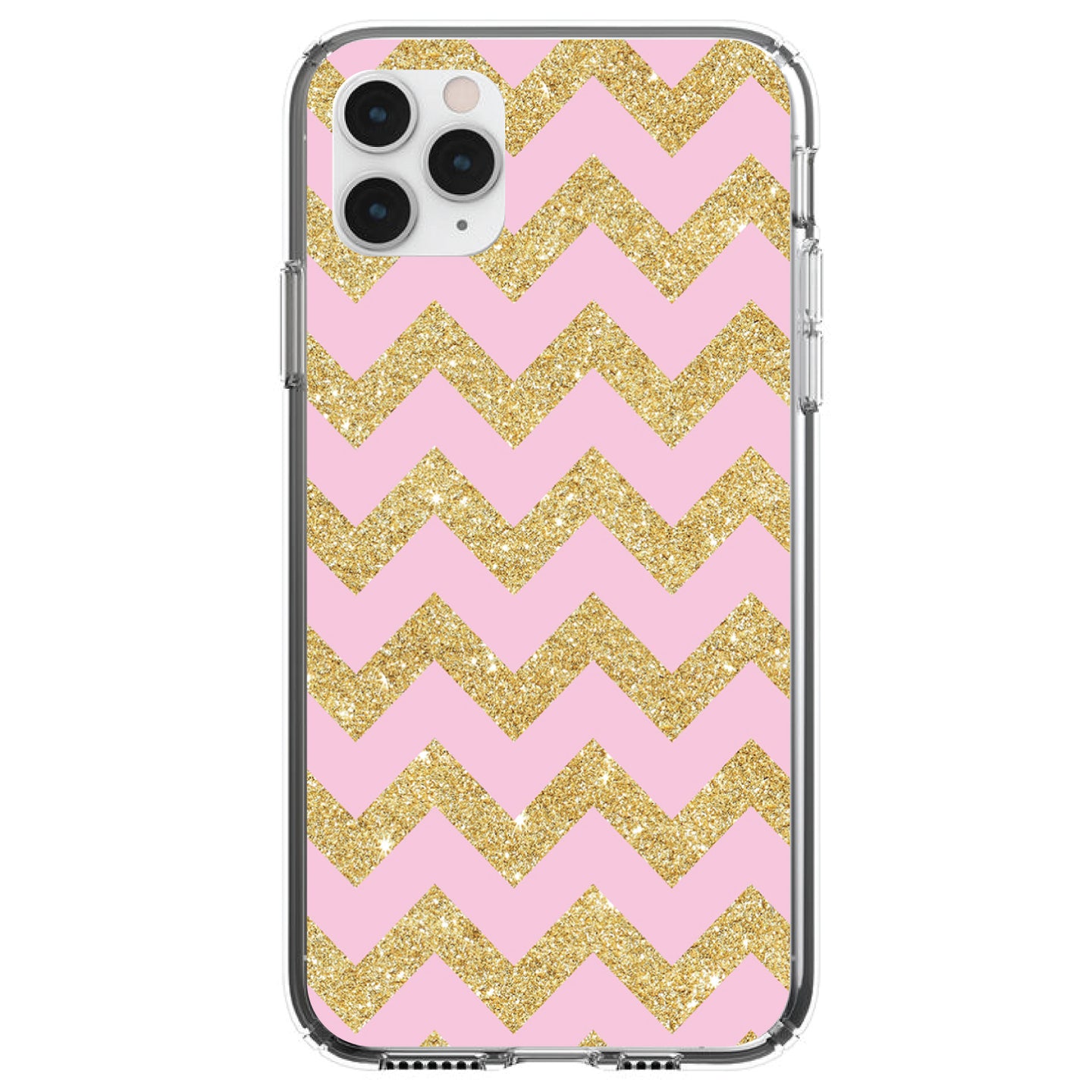 DistinctInk® Clear Shockproof Hybrid Case for Apple iPhone / Samsung Galaxy / Google Pixel - Pink & Gold Print - Chevron Pattern
