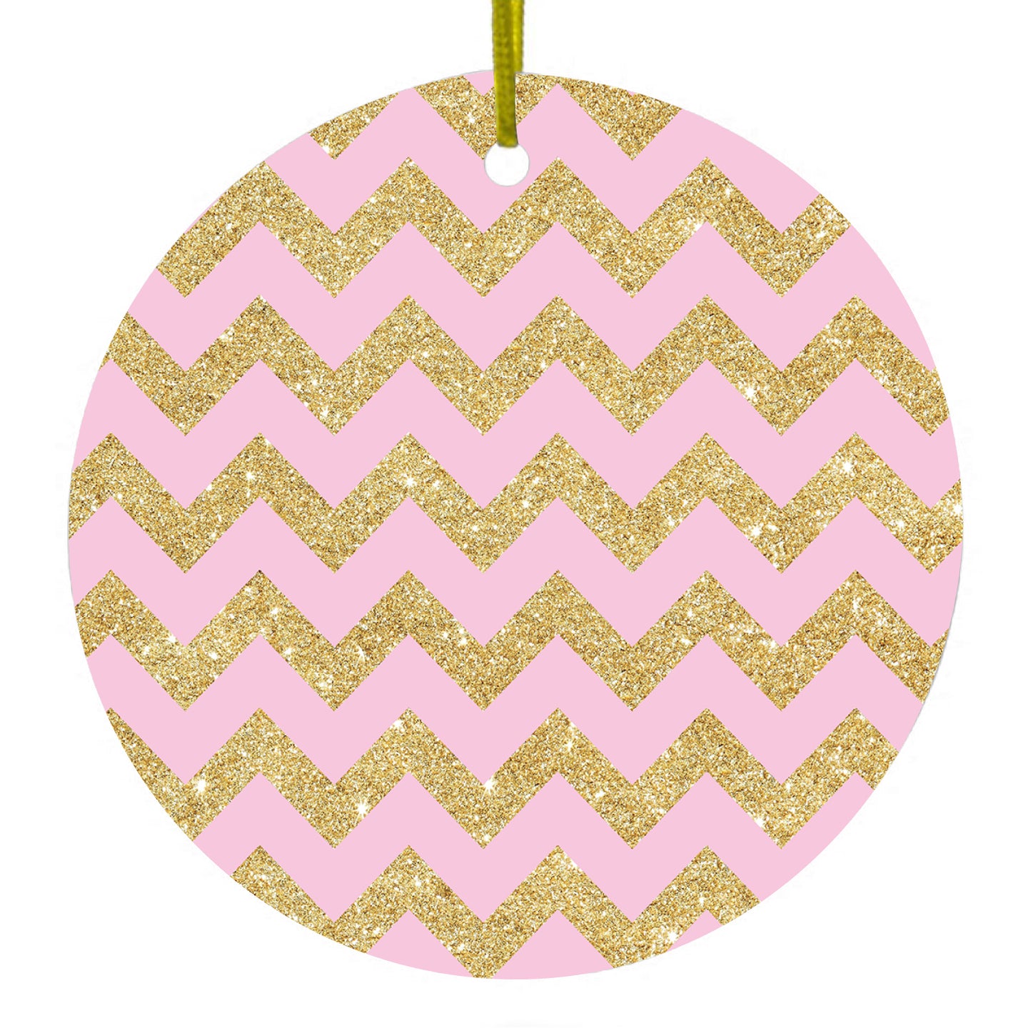 DistinctInk® Hanging Ceramic Christmas Tree Ornament with Gold String - Great Gift / Present - 2 3/4 inch Diameter - Pink & Gold Print - Chevron Pattern