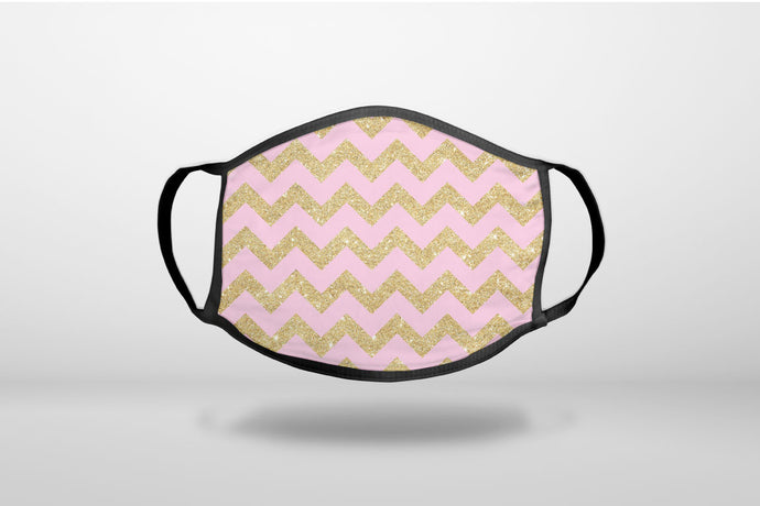 Pink & Gold Print - Chevron Pattern - 3-Ply Reusable Soft Face Mask Covering, Unisex, Cotton Inner Layer