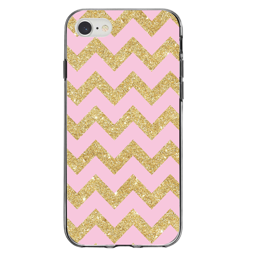 Pink & Gold Print, Chevron Pattern Clear Shockproof iPhone Case, view 5