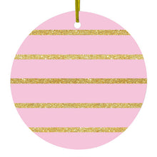 DistinctInk® Hanging Ceramic Christmas Tree Ornament with Gold String - Great Gift / Present - 2 3/4 inch Diameter - Pink & Gold Print - Horizontal Stripes Pattern