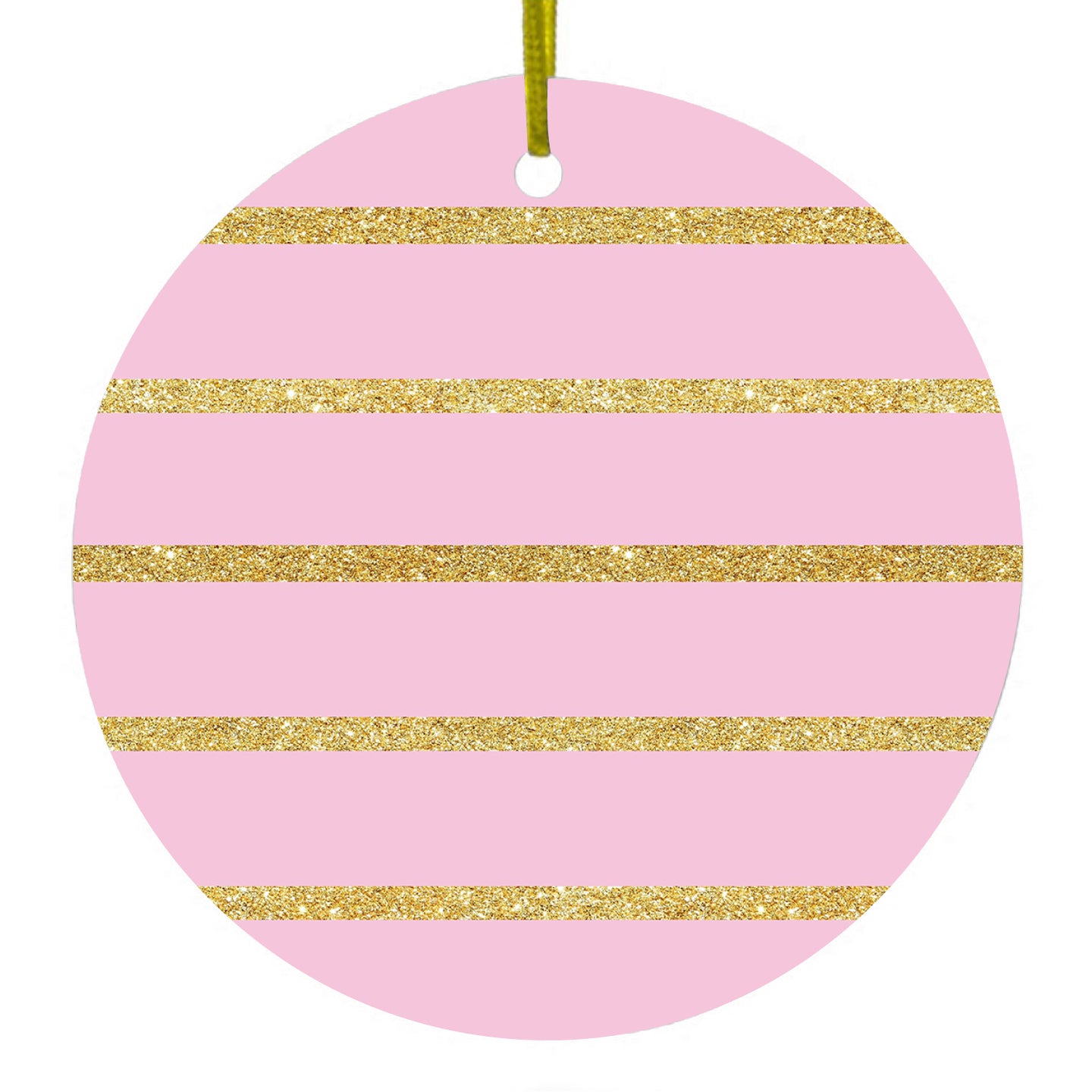 DistinctInk® Hanging Ceramic Christmas Tree Ornament with Gold String - Great Gift / Present - 2 3/4 inch Diameter - Pink & Gold Print - Horizontal Stripes Pattern