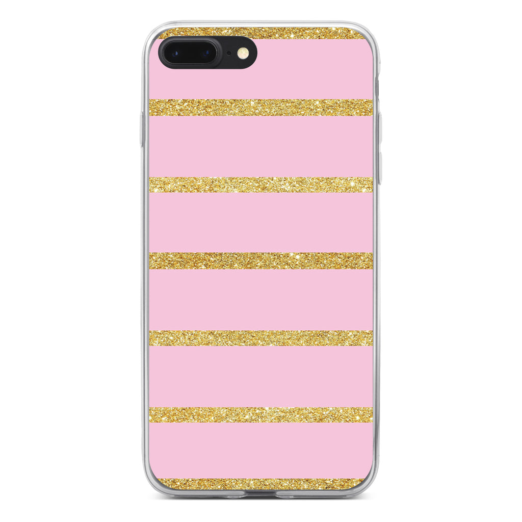 Pink & Gold Print, Horizontal Stripes Pattern Clear Shockproof iPhone Case, view 6