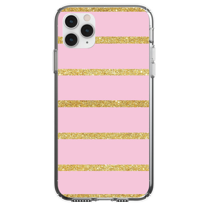 DistinctInk® Clear Shockproof Hybrid Case for Apple iPhone / Samsung Galaxy / Google Pixel - Pink & Gold Print - Horizontal Stripes Pattern