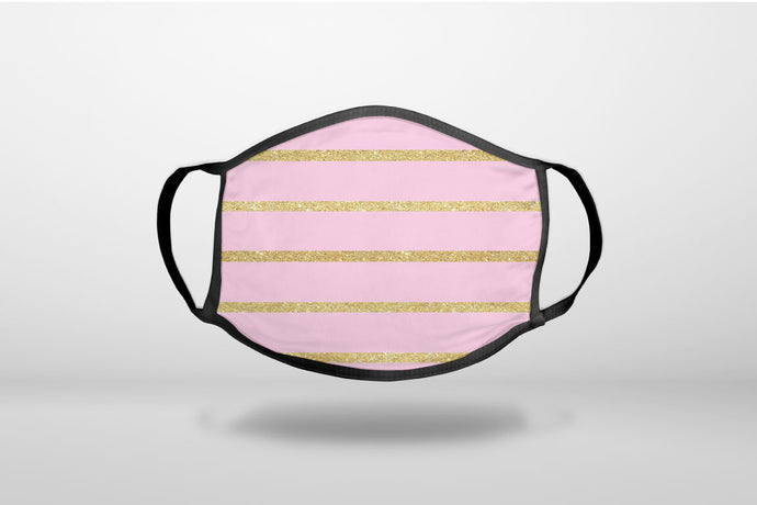 Pink & Gold Print - Horizontal Stripes Pattern - 3-Ply Reusable Soft Face Mask Covering, Unisex, Cotton Inner Layer