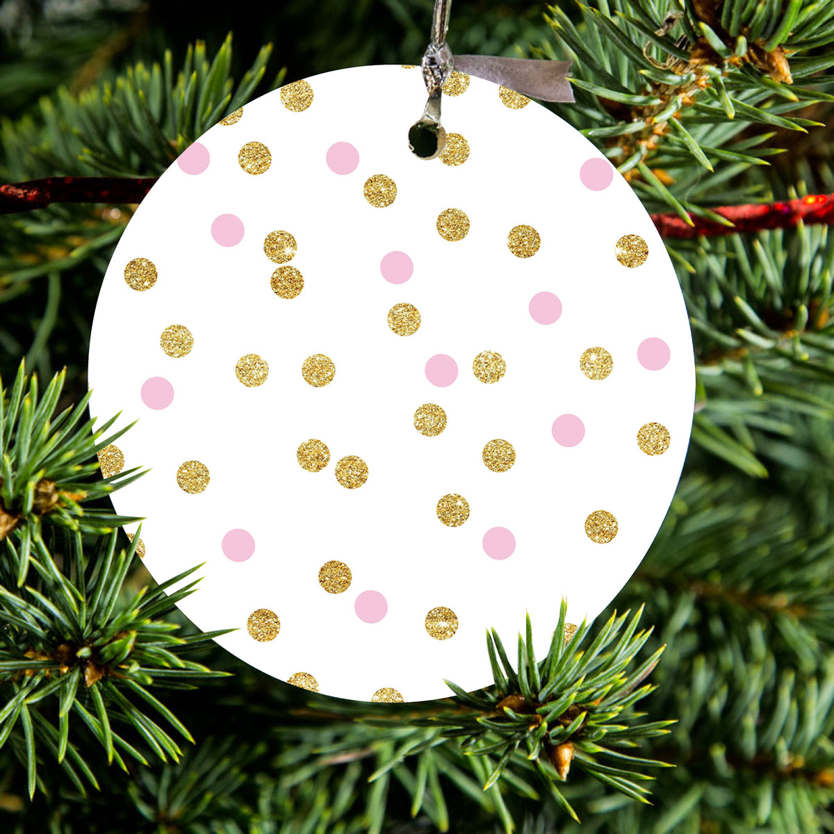 White / Pink / Gold Dots Pattern Ceramic Ornament, view 2