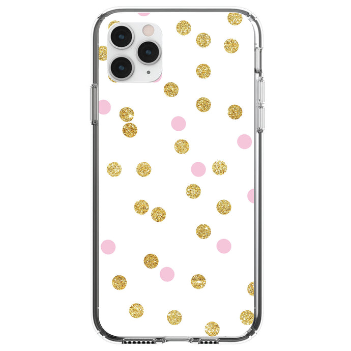 DistinctInk® Clear Shockproof Hybrid Case for Apple iPhone / Samsung Galaxy / Google Pixel - Pink & Gold Print - White / Pink / Gold Dots Pattern